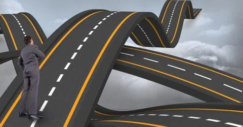 Digital composite image of confused executive standing on wavy road leading Foto stock