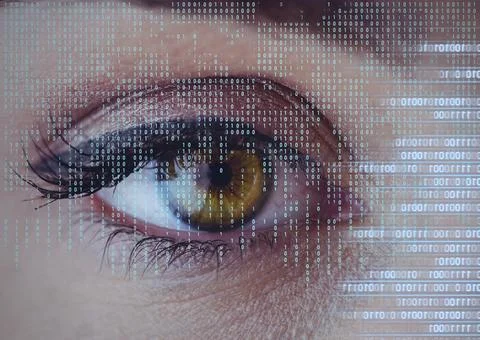 Digital composite image of data processing against close up of female human eye Stock Photos