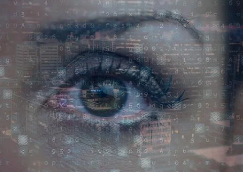 Digital composite image of data processing against close up of female human eye Stock Photos