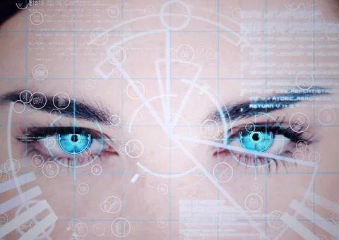 Digital composite image of data processing against close up of female human eyes Stock Photos