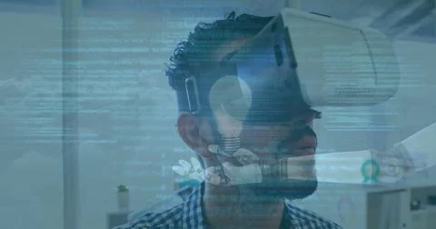 Digital composite image of data processing over robotic hands against man using Stock Photos