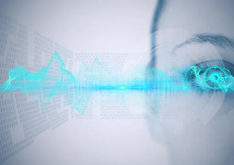 Digital composite image of digital waves against close up of female human eye 写真素材