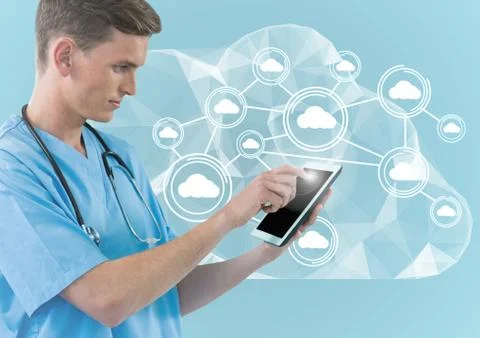Digital composite image of doctor using digital tablet against cloud computing Stock Photos