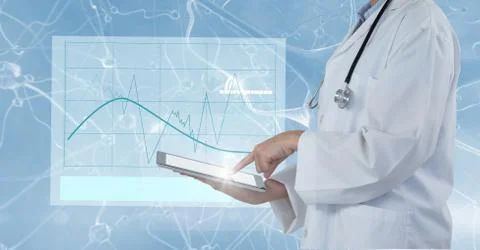 Digital composite image of doctor using tablet computer with interface graphics Stock-Fotos