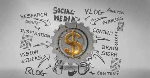 Digital composite image of dollar sign on gear with text and icons イラスト素材