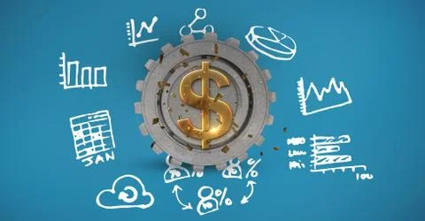 Digital composite image of dollar symbol on gear amidst various icons Stock Photos