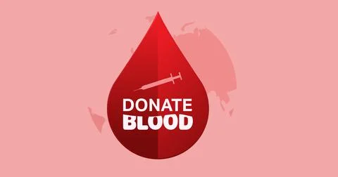 Digital composite image of donate blood text and injection over red drop on pink Ilustração Stock