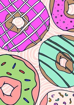 Digital composite image of donuts on pink wallpaper Stock Photos