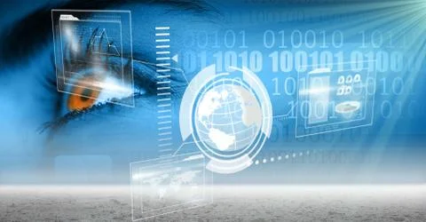 Digital composite image of eye and globe on virtual screen Stock Photos