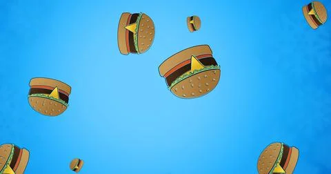 Digital composite image of falling american hamburger sandwiches against blue Stock Illustration