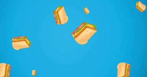 Digital composite image of falling cheese sandwiches against blue background Stock Illustration