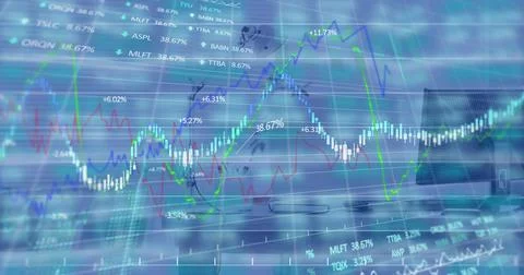 Digital composite image of financial data processing against empty office desk Stock Illustration