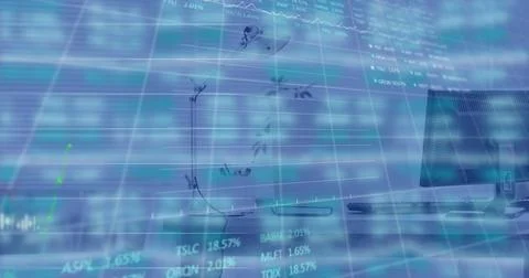 Digital composite image of financial data processing against empty office desk Stock Illustration