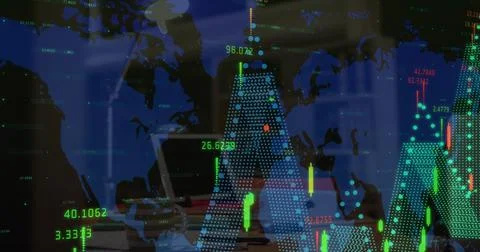 Digital composite image of financial data processing over world map against Stock Illustration