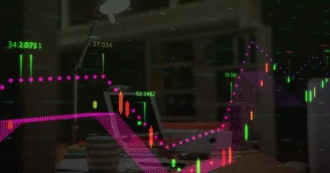 Digital composite image of financial data processing over world map against Stock Illustration