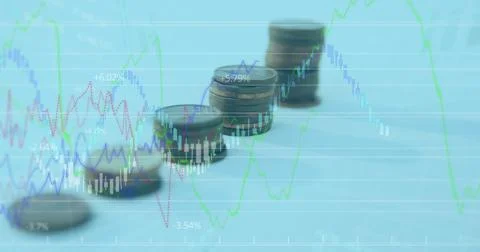 Digital composite image of financial data processing against stack of coins Stock Illustration