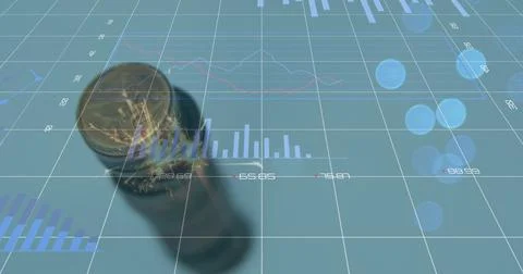 Digital composite image of financial data processing over stack of coins against Foto stock
