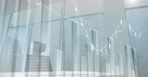 Digital composite image of financial data processing against empty office Stockfoto's