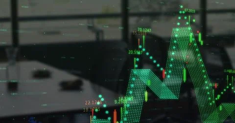 Digital composite image of financial data processing against empty office Stockfoto's