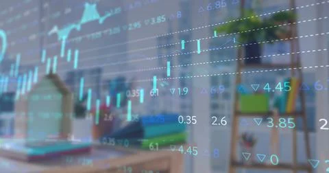 Digital composite image of financial data processing against empty office Stockfoto's