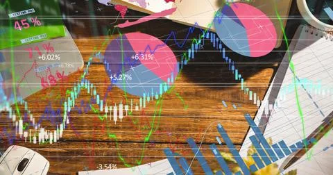 Digital composite image of financial data processing office equipment on office Stockfoto's