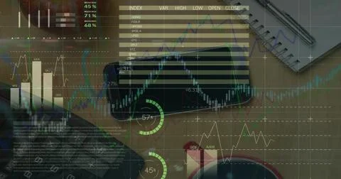 Digital composite image of financial data processing office equipment on office 库存照片