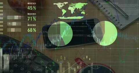 Digital composite image of financial data processing office equipment on office 库存照片