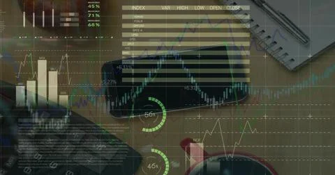 Digital composite image of financial data processing office equipment on office 库存照片