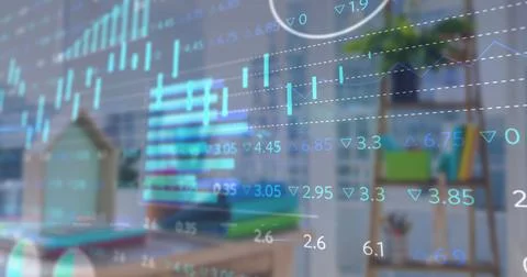 Digital composite image of financial data processing against empty office Stock Photos