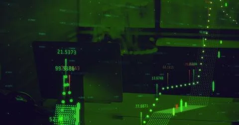 Digital composite image of financial data processing against empty office Stockfoto's