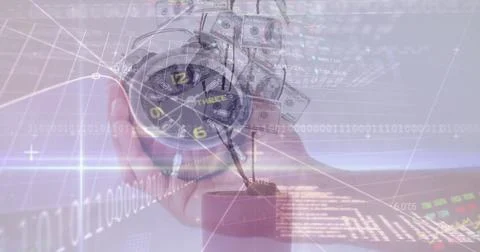 Digital composite image of financial data processing against man holding alarm Stock Photos