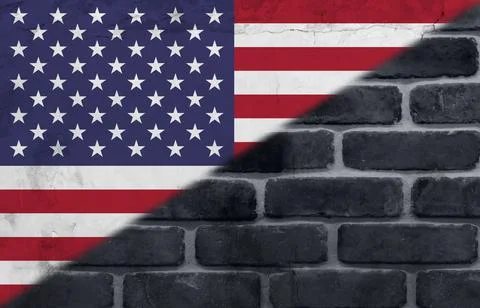 Digital composite image of flag of america painted on brick wall with copy space Stock Illustration