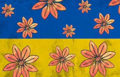 Digital composite image of flowers over ukraine flag, copy space Ilustração Stock