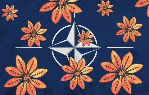 Digital composite image of flowers over nato flag painted on wall, copy space Stock Illustration
