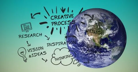 Digital composite image of globe with creative process graphics Stock Illustration