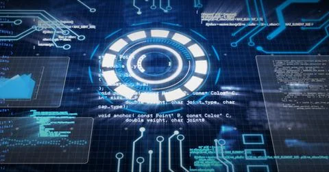 Digital composite image of glowing circle with virtual lines and graphs イラスト素材