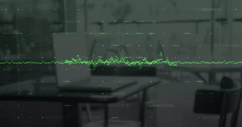 Digital composite image of green graphs over financial data processing against Stock Photos
