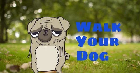 Digital composite image of grumpy pet illustration by walk your dog text on 스톡 일러스트