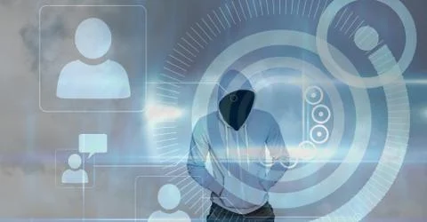 Digital composite image of hacker and screen Foto stock