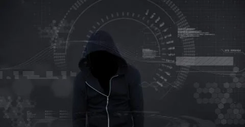 Digital composite image of hacker with screen Illustrazione stock