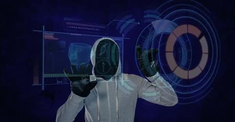 Digital composite image of hacker touching virtual screen Illustrazione stock