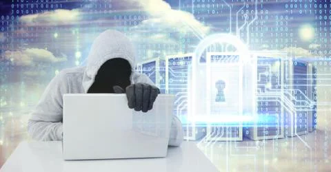 Digital composite image of hacker using laptop by lock and servers on screen Illustrazione stock