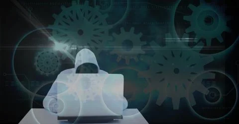 Digital composite image of hacker using laptop against gear background Stock Illustration