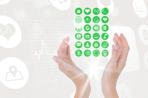 Digital composite image of hand covering various icons against tech graphics Foto stock