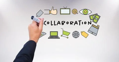 Digital composite image of hand drawing collaboration icons Stock Photos