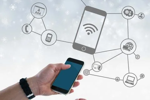 Digital composite image of hand holding smart phone with connection graphics in Foto stock