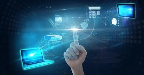 Digital composite image of hand touching futuristic screen Foto stock