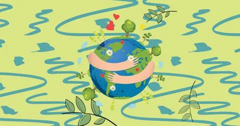 Digital composite image of hands hugging planet earth over abstract backgrounds Ilustração Stock