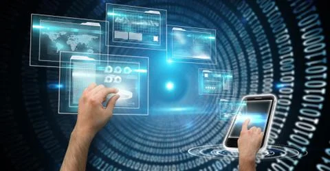 Digital composite image of hands touching screens 写真素材