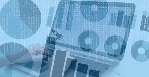 Digital composite image of hands using laptop with graphics Stock Photos